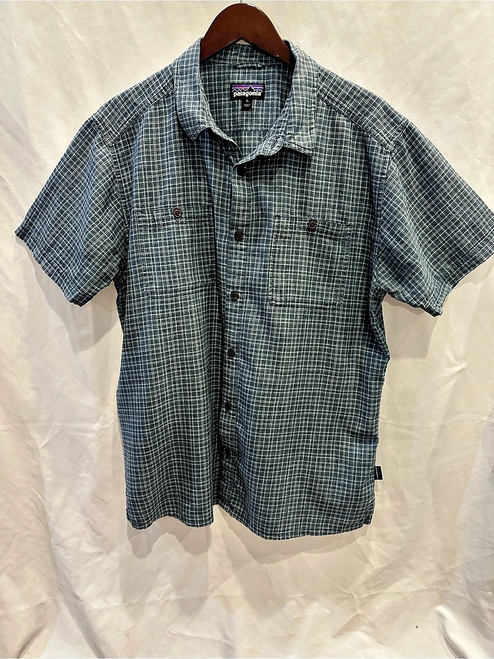 Patagonia Back Step Shirt Plaid Blue & White XL